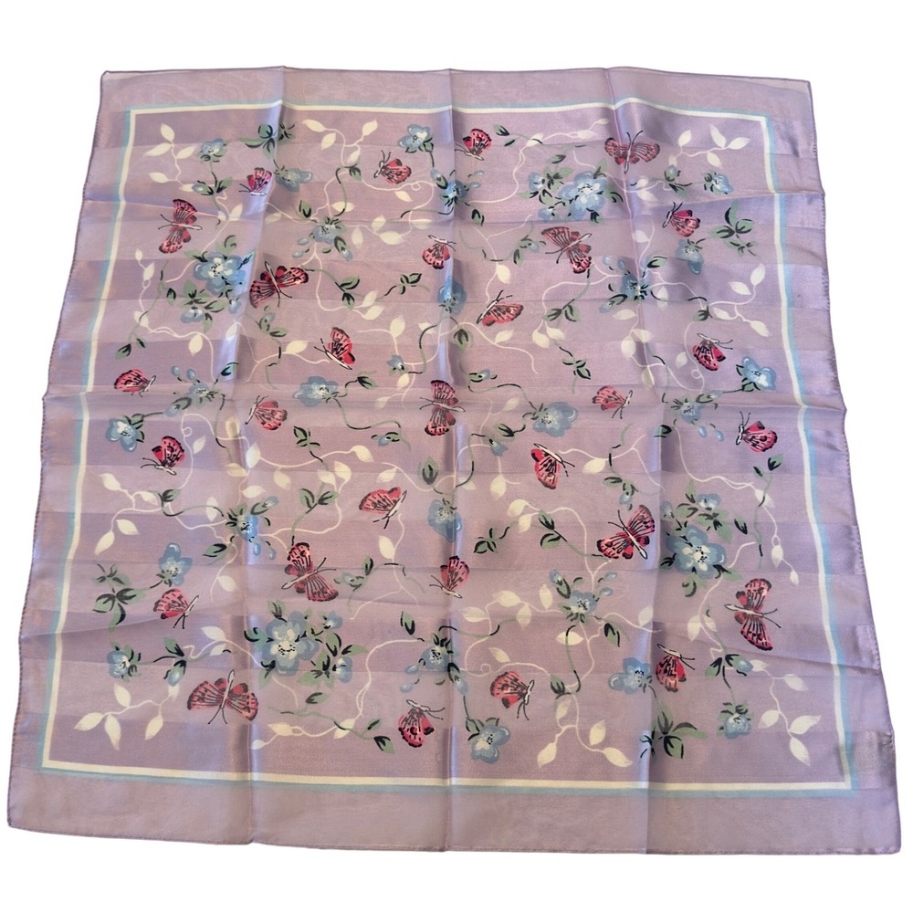 Made Italy Lavender Butterfly Floral Square Scarf‎ Purple Polyester Cottagecore